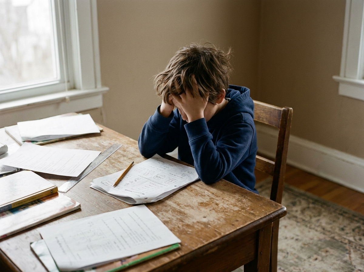 Child struggling with homework, showing signs of frustration and giving up